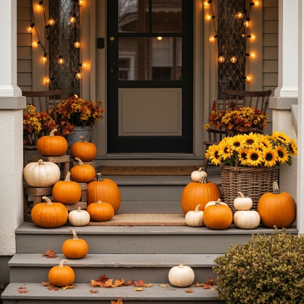 Elegant autumn porch display with pumpkins